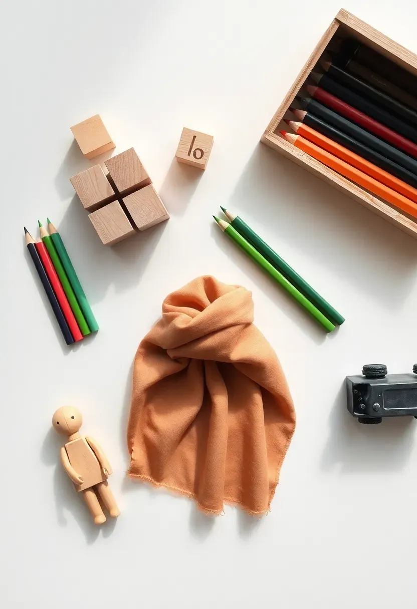 Hyper-realistic flat-lay view of curated quality toys on white surface: wooden blocks, set of colored pencils, silk dress-up scarf, simple wooden doll, metal cars. Materials: unfinished wood, beeswax crayons, silk fabric, die-cast metal. Bright natural light, minimalist aesthetic. Spacious composition, each item clearly separate. Sharp focus on objects. No text, no logos, no watermarks.</p>
