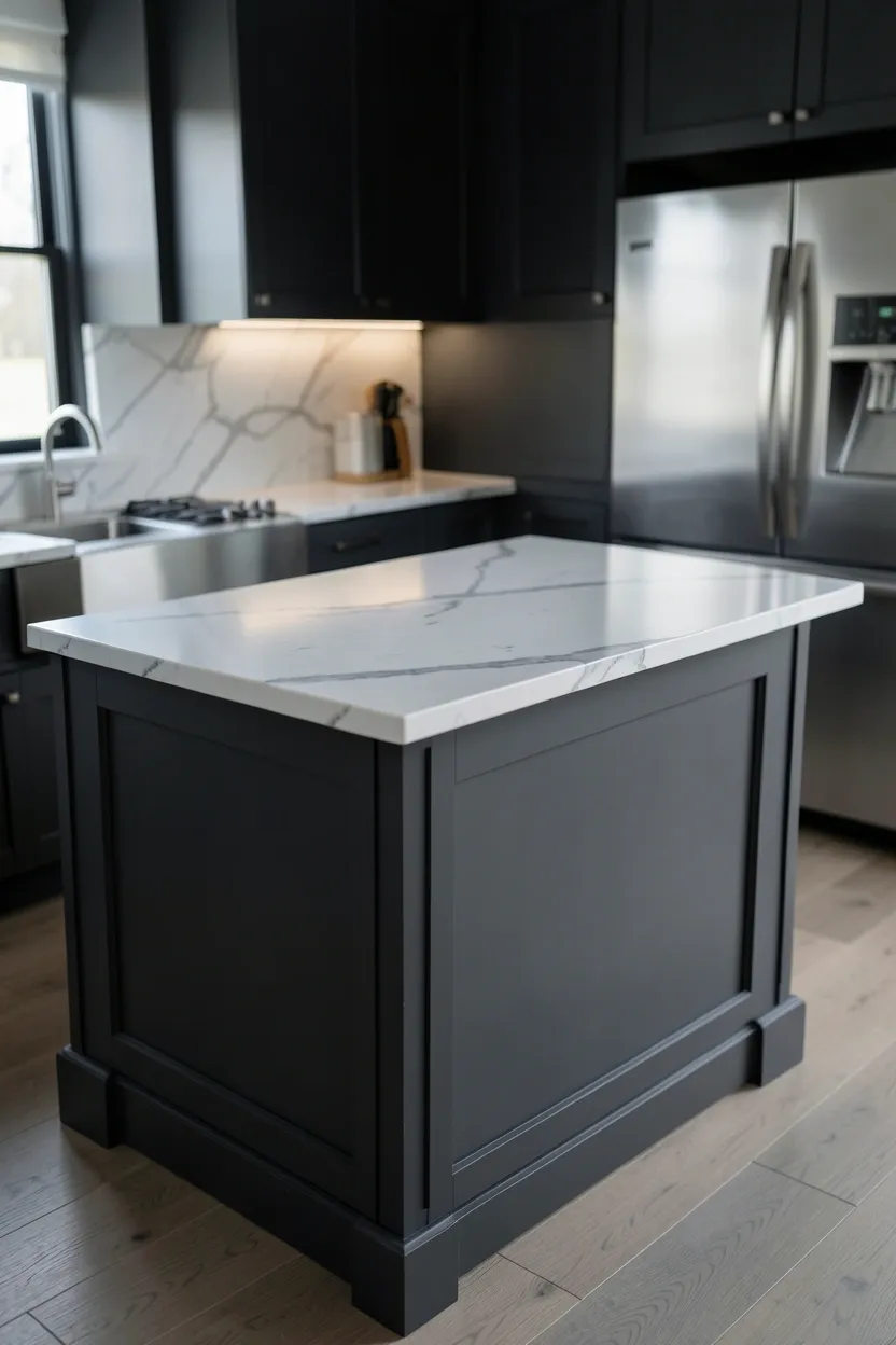 Gray kitchen island with white marble waterfall top and pendant lighting creating a luxurious focal point in a modern kitchen