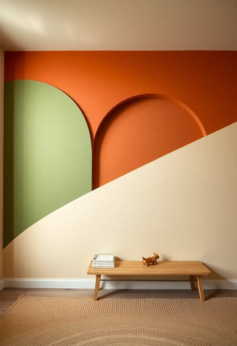 Bold geometric color block accent wall with overlapping arches in terracotta, sage, and cream in a basement playroom