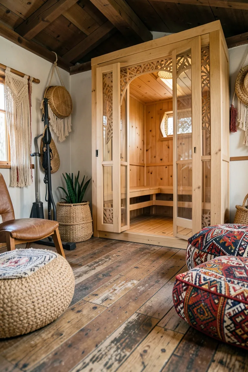 Bohemian home gym with cedar sauna, distressed warm wood floors, macramé plant hangers, woven cane baskets, and Moroccan-inspired cushion bench outside sauna