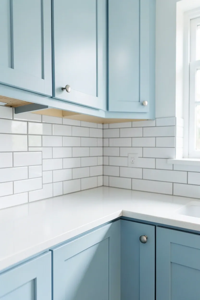 Light Blue Kitchen with White Subway Tile