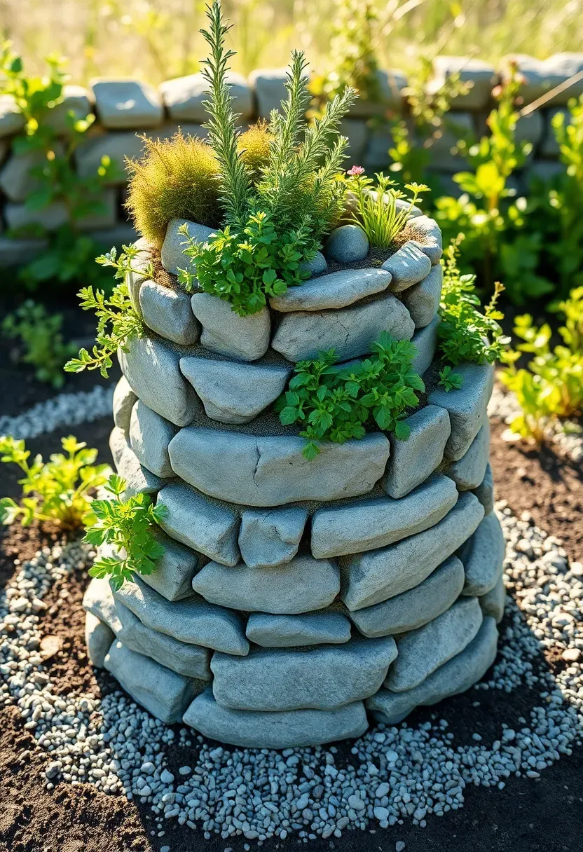 Stone spiral herb garden rising from ground level to about three feet high with various herbs planted at different levels in a sunny cottage garden setting