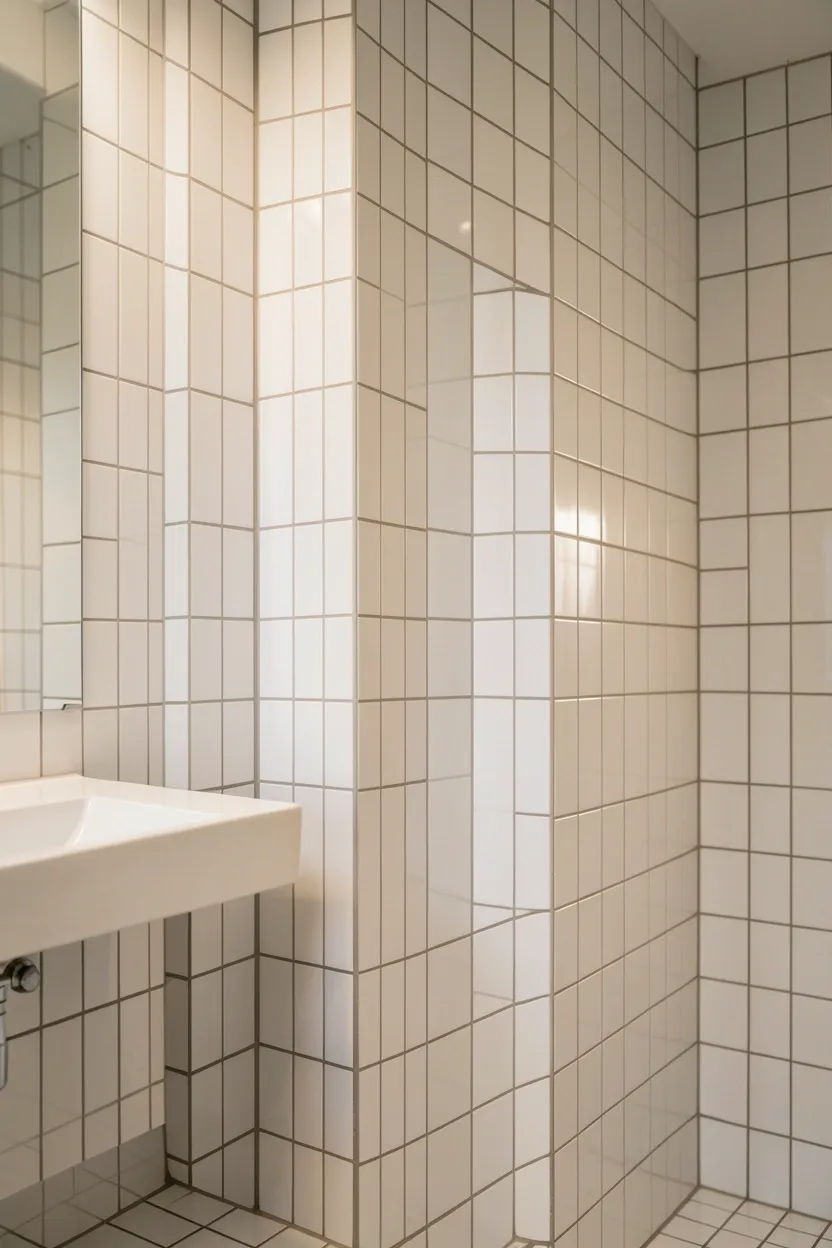 Vertically stacked subway tiles from floor to ceiling in a narrow bathroom to create height illusion