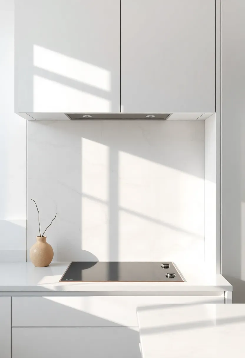 Small kitchen with a floor-to-ceiling porcelain slab backsplash in soft Calacatta marble pattern, frameless upper cabinets, and integrated cooktop