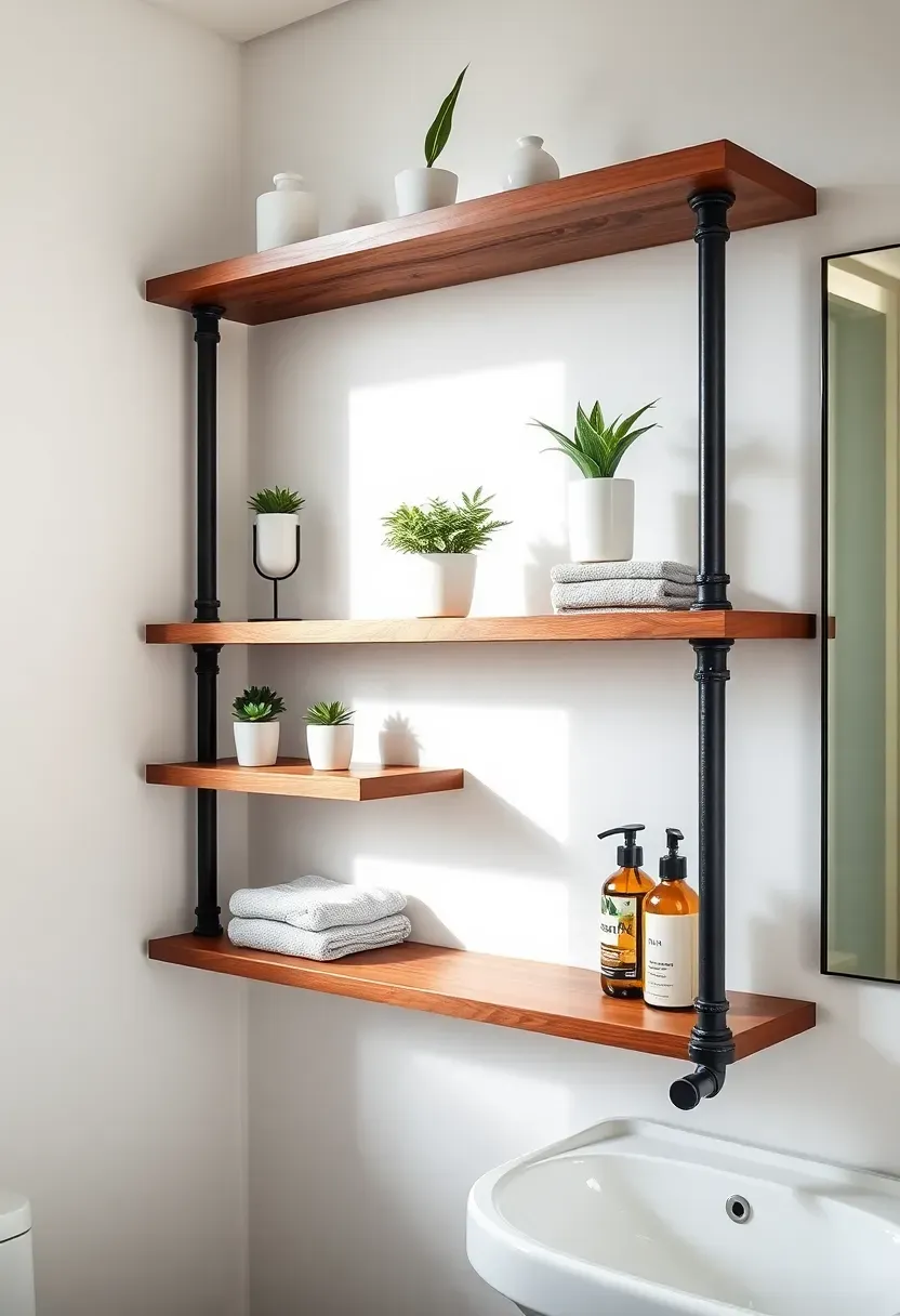 Industrial pipe shelving unit with five wooden shelves mounted to a bathroom wall holding plants and toiletries