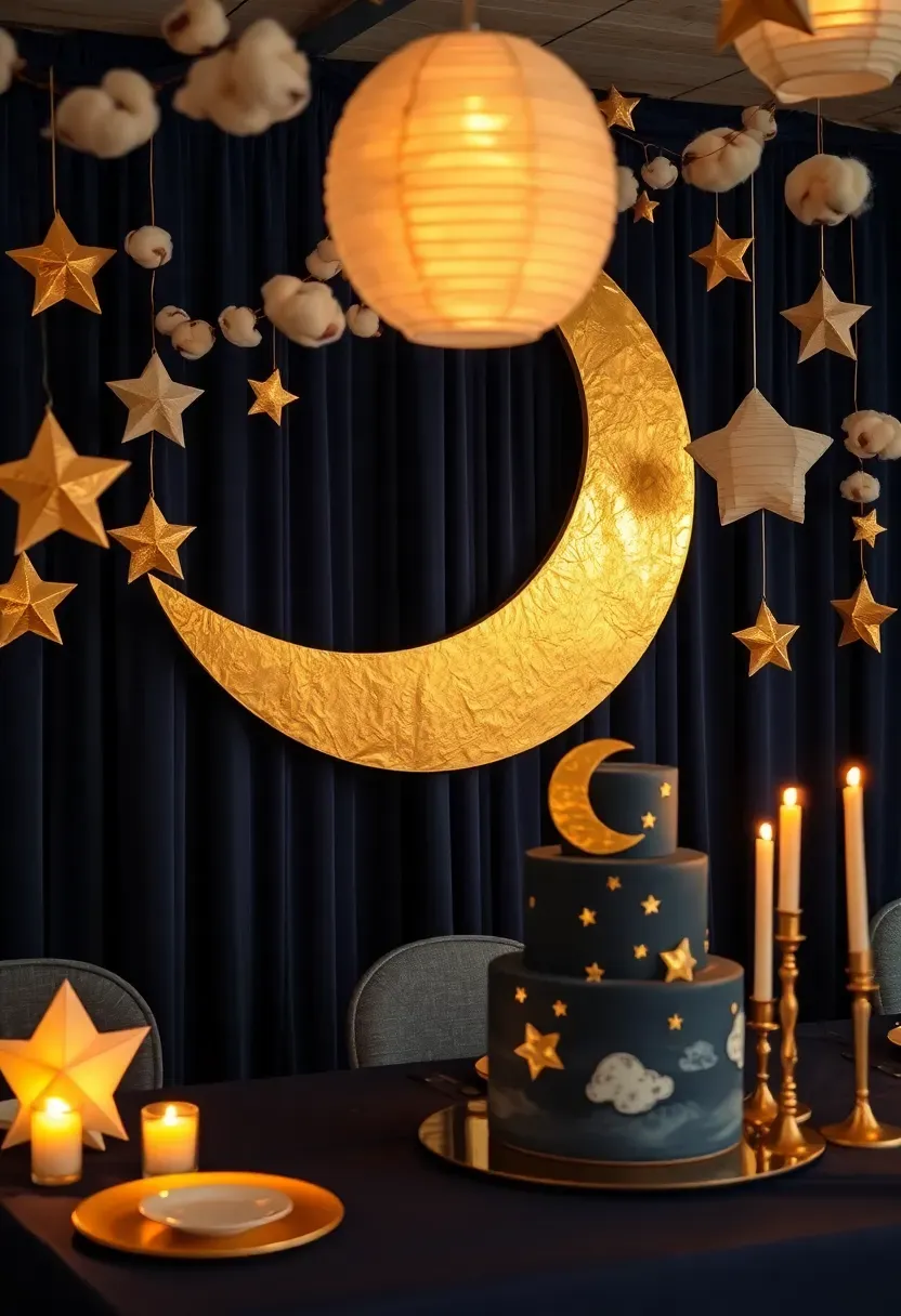 celestial moon and stars baby shower with crescent moon backdrop, metallic gold and navy decor, star shaped lanterns, cloud garlands, and an elegant night sky themed tiered cake