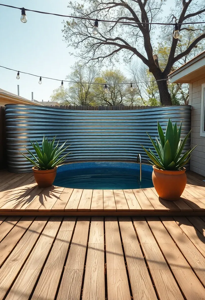 Galvanized stock tank pool in a Texas backyard with wooden deck surround, string lights, and potted agave plants