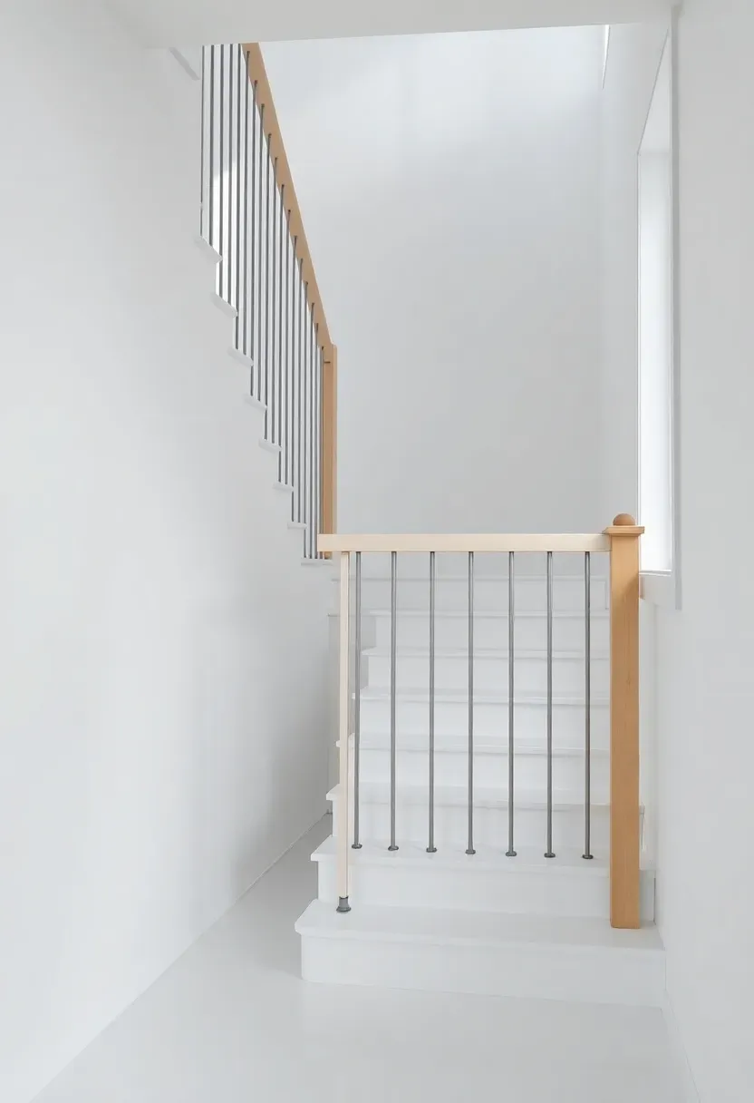 Scandinavian minimalist staircase with white-painted pine treads and risers, thin brushed steel rod balusters, and simple round birch handrail