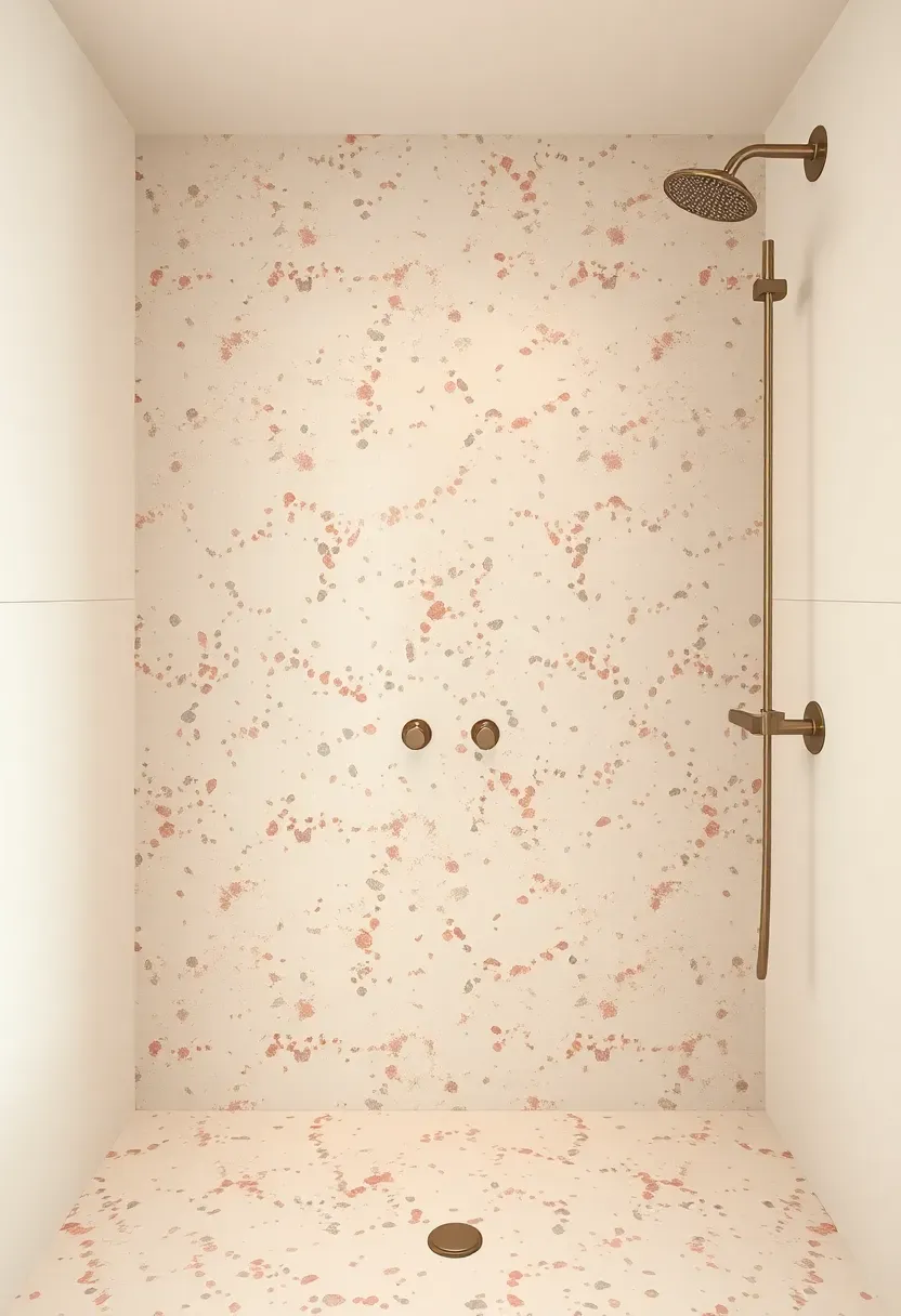 Shower accent wall with terrazzo tile featuring pink, grey, and white stone chips against a plain white tiled surround