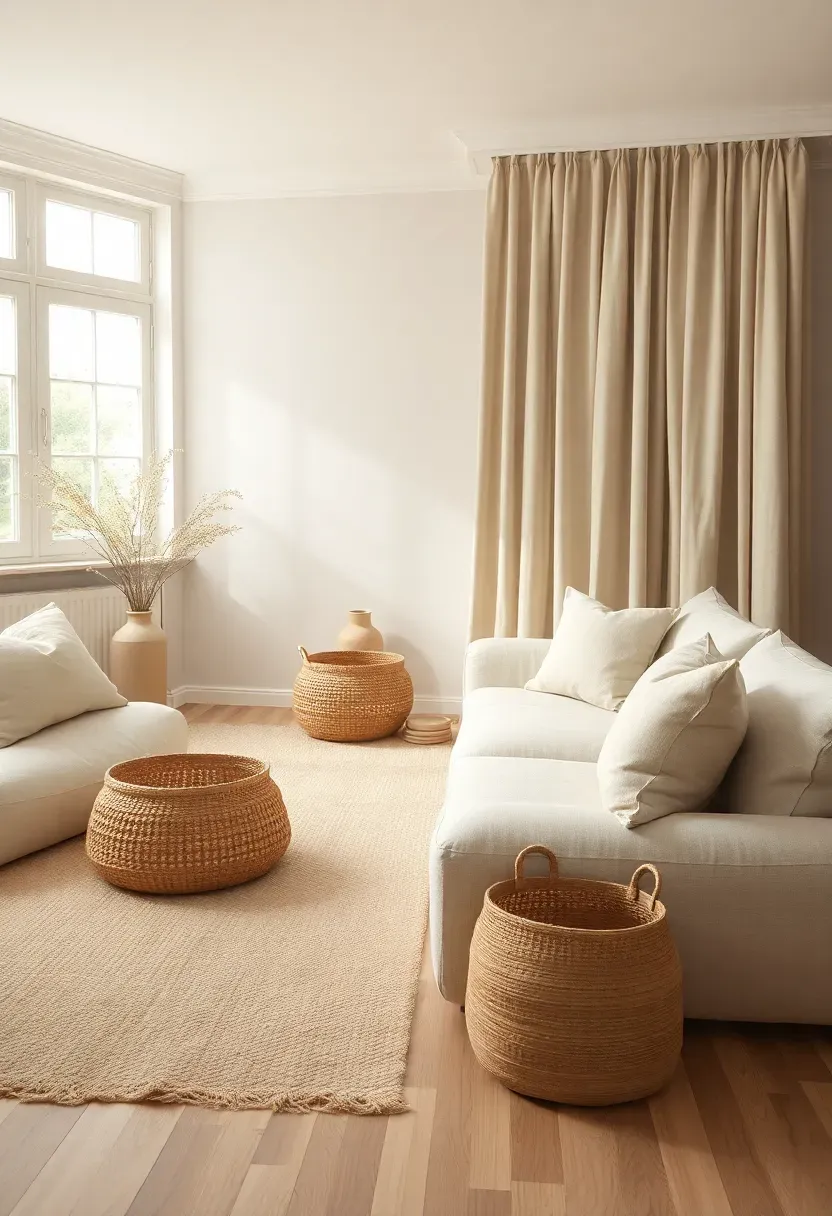 Hyper-realistic wide view of monochromatic beige minimalist living room. Cream linen sofa, oatmeal wool rug, jute basket, ceramic vase in taupe, beige linen drapes. Materials: various textures including nubby wool, smooth linen, woven jute, matte ceramic, light oak wood. Soft diffused light from multiple windows, gentle shadows emphasizing texture depth. Serene organic minimalist mood, warm neutral palette. Shallow depth of field, sharp details on textural variety, minimalist arrangement, no clutter, visible architectural molding.</p>