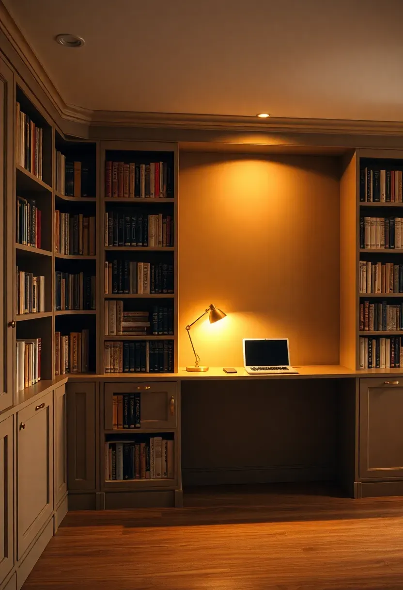 Built-in floor-to-ceiling bookcase wall with integrated desk, brass lamp and open laptop in warm evening light
