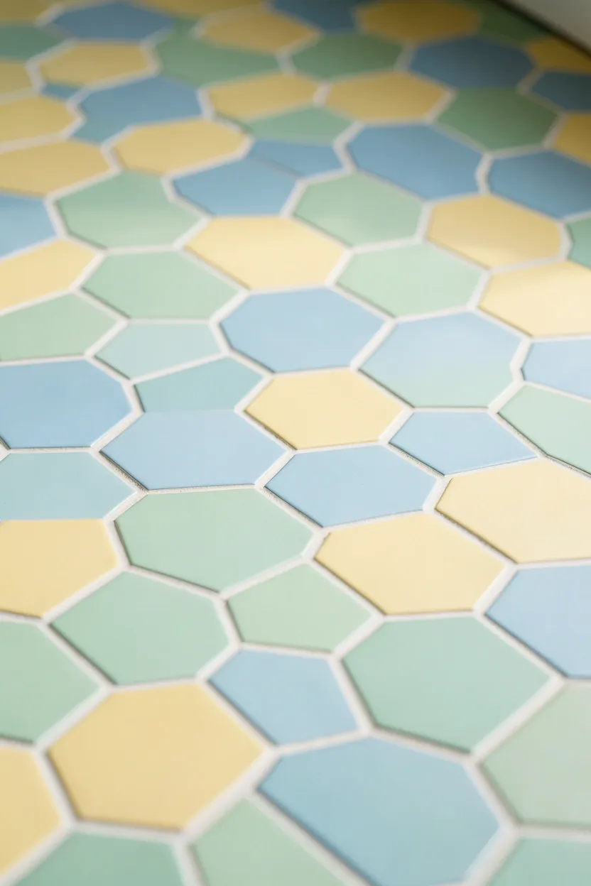 Hexagonal floor tiles in alternating mint green, baby blue, and butter yellow honeycomb pattern in a small apartment bathroom