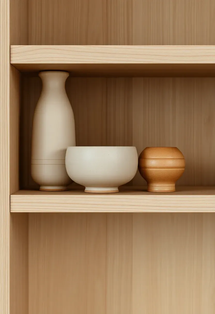 Close-up of a single shelf section — three ceramic vessels of varying heights grouped together, matte finishes in cream and warm sand, arranged on a light oak shelf in soft side lighting, 2:3 portrait