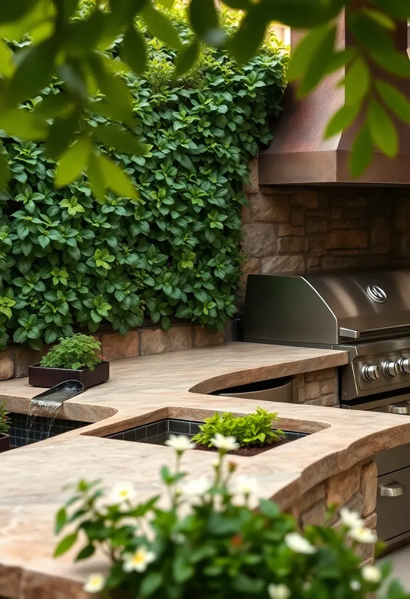 Hyper-realistic 3/4 view of a nature-inspired outdoor kitchen with a living green wall as backdrop, natural stone slab countertop with raw edge, built-in gas grill with stone surround, herb planters integrated into the counter, and small water feature trickling nearby. Materials: natural stone slab with raw edge, living wall plants, stone veneer, stainless steel grill. Soft diffuse light through leaves, lush green with natural earth tones. Organic integrated mood, shallow depth of field with sharp focus on stone countertop edge and living wall textures, flowers and foliage abundant. No text, no logos, no watermarks.</p>