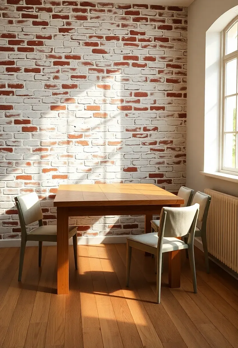 Dining room with one accent wall of whitewashed exposed brick, a long rustic pine table, and shabby chic chairs with linen cushions