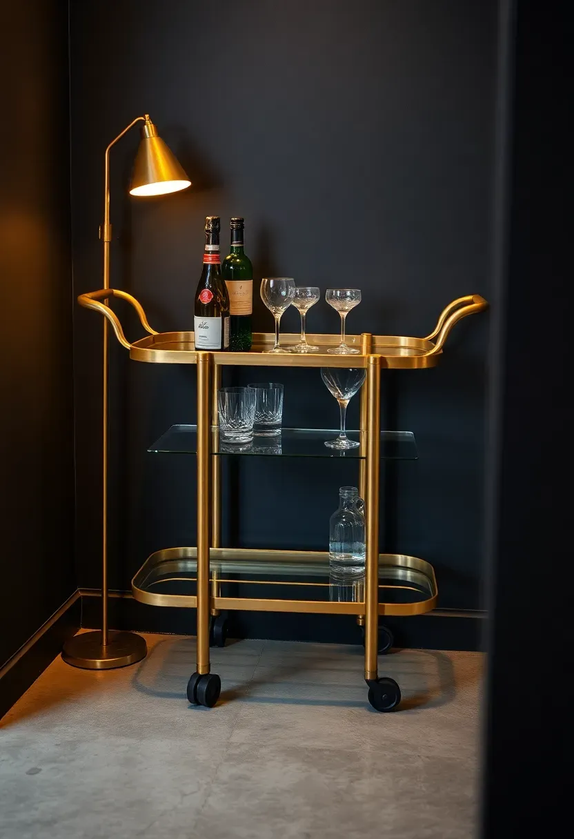 Art deco rolling bar cart with bottles and glassware in a basement entertainment area