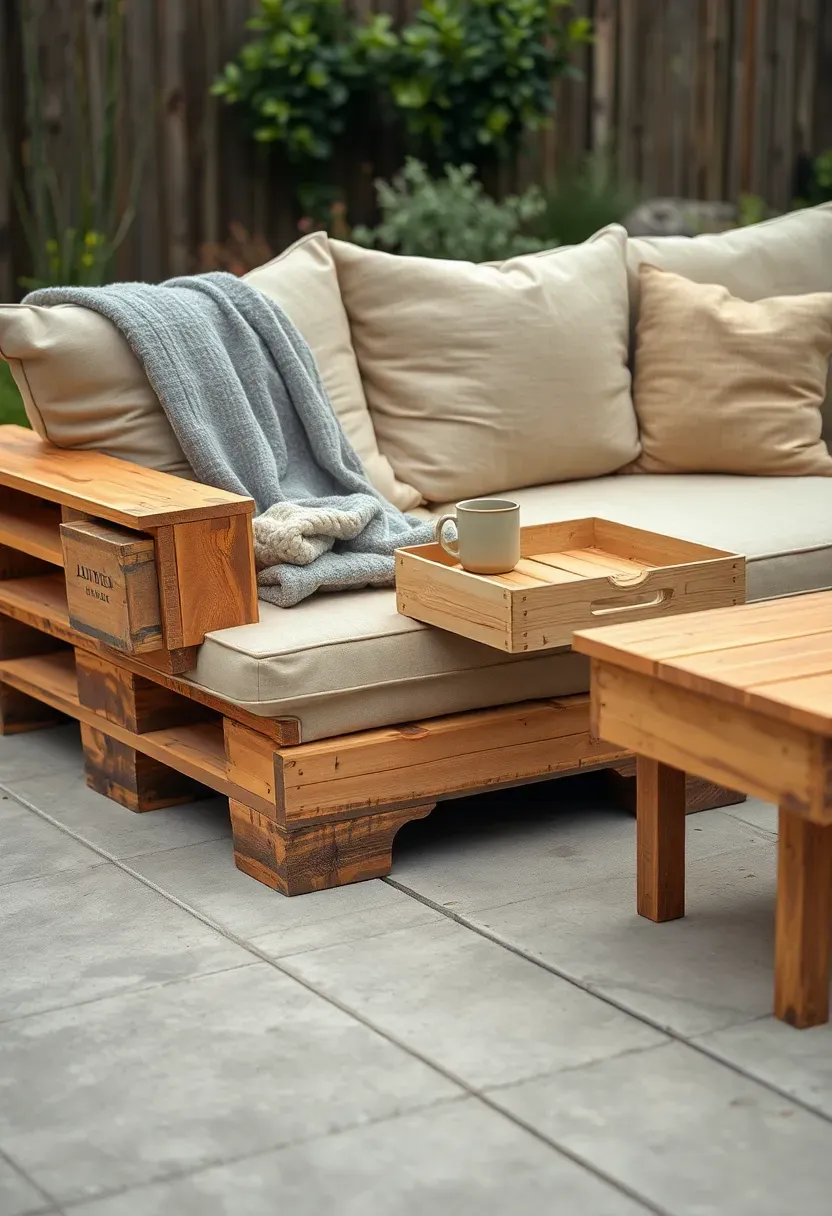 A pallet sofa on a backyard patio with thick outdoor cushions in neutral linen tones, a folded wool blanket over one arm, and a small wooden crate used as a coffee table