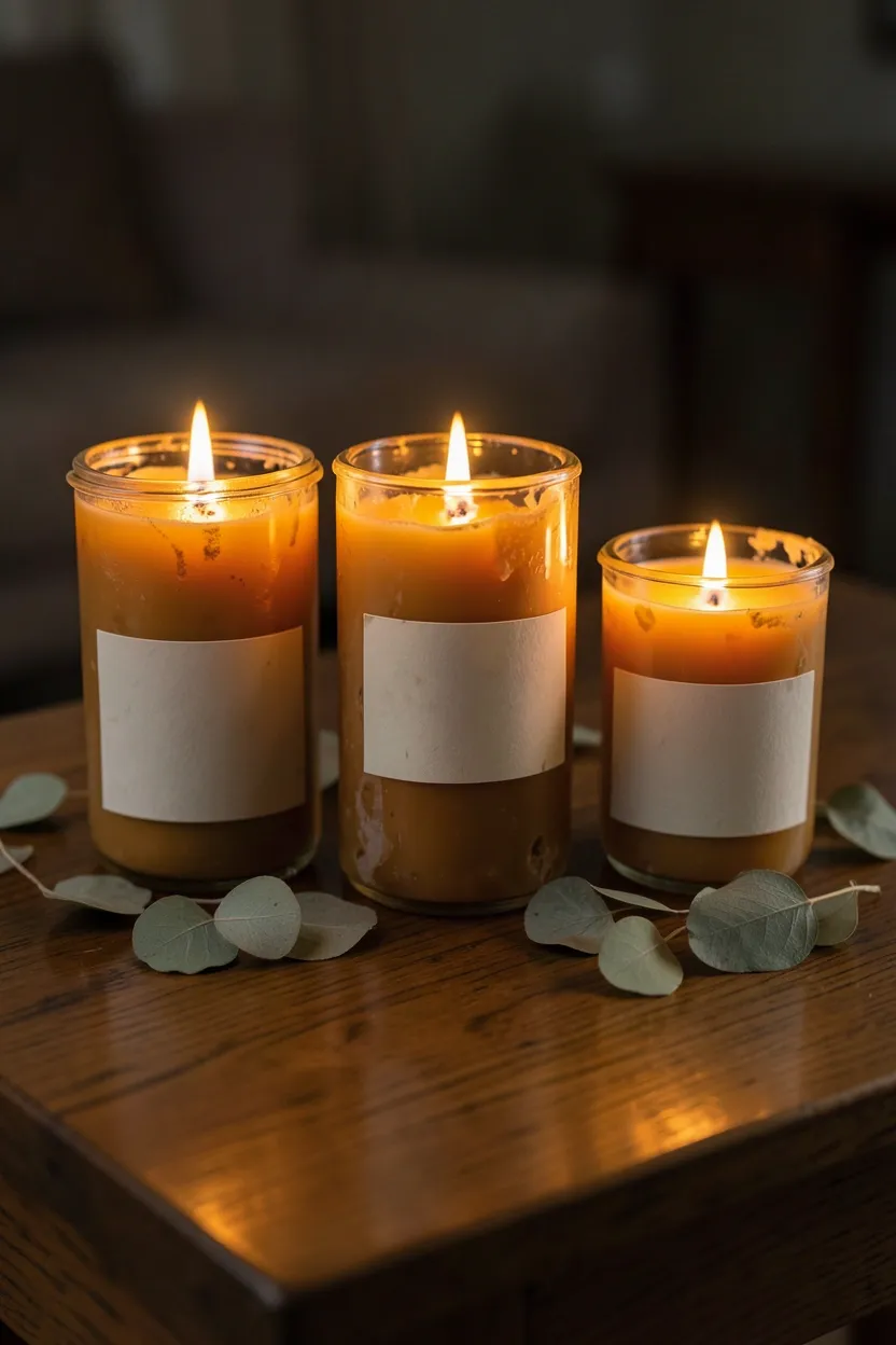 Hyper-realistic eye-level photograph of three scented pillar candles in varying heights on wooden coffee table. Candles in glass jars with amber-colored wax showing slight use and irregular wax pooling from burning. Labels are minimal cream-colored paper. Soft warm candlelight glows through glass, creating amber reflections on wooden table surface. Dried eucalyptus leaves scattered casually around base of candles. Evening atmosphere with candle as primary light. Materials: soy wax, glass, paper, dried botanicals. Warm sensory mood. Sharp candle texture and flame details, soft ambient glow. No text, no logos, no watermarks.