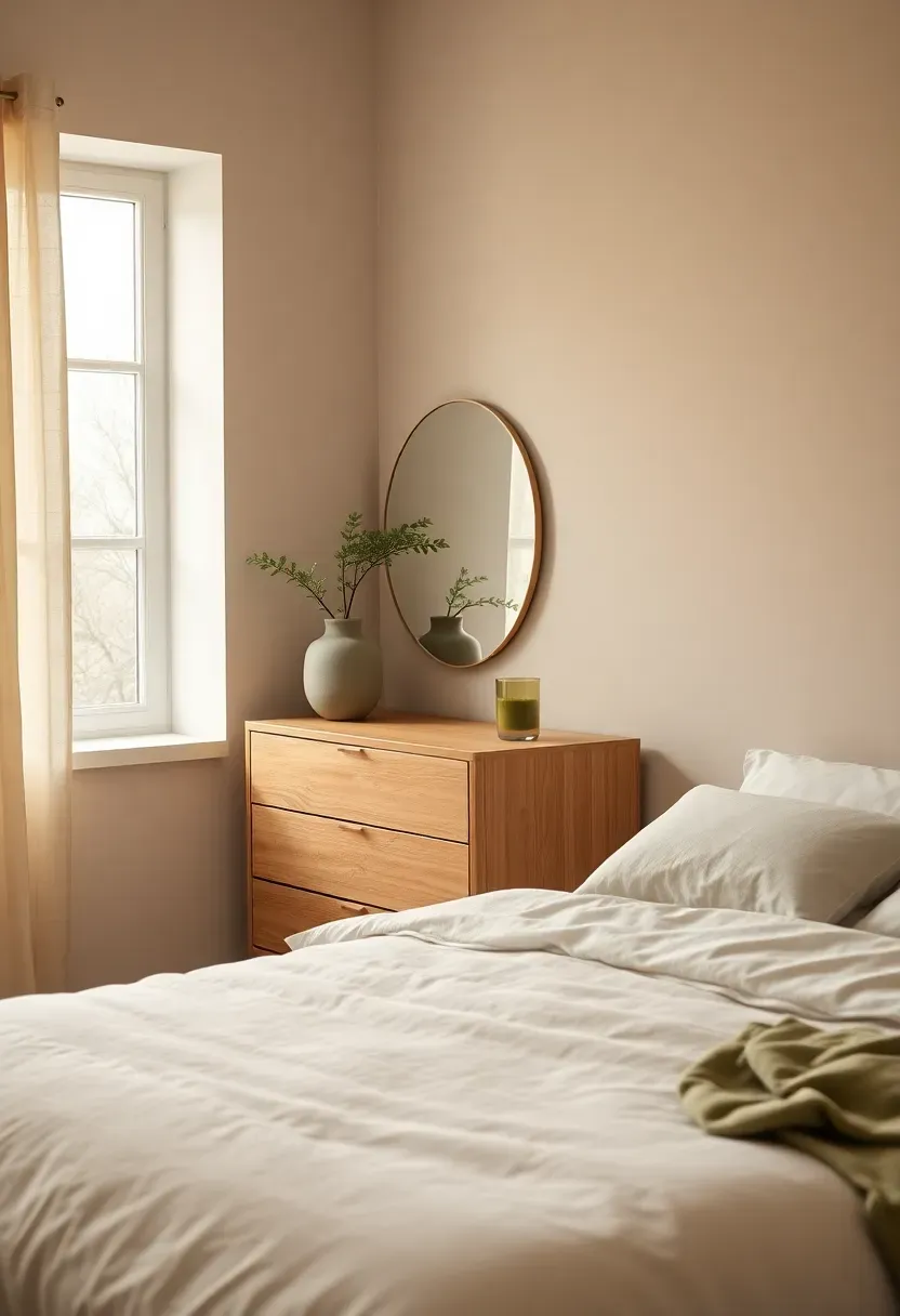 Minimal dresser wall with mirror bounce and tall plant