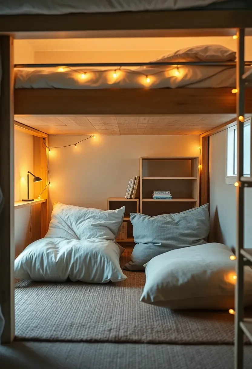lofted dorm bed with cozy lounge area underneath string lights small rug floor cushions and bookshelf