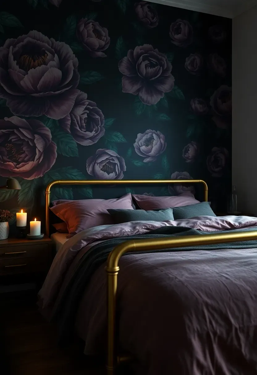 Moody bedroom with dark floral wallpaper accent wall in deep plum and emerald tones with a brass bed frame and layered bedding