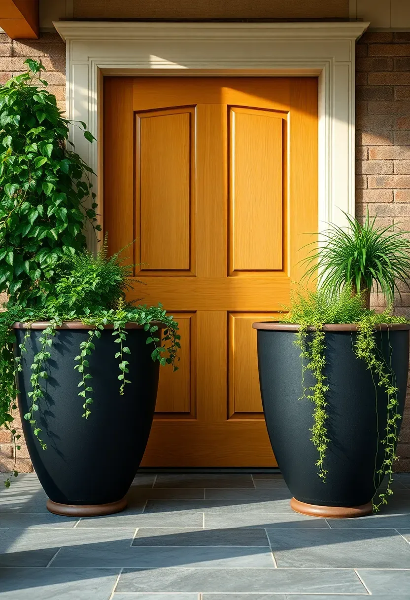 Two oversized dark ceramic planters flanking a wooden front door with trailing greenery