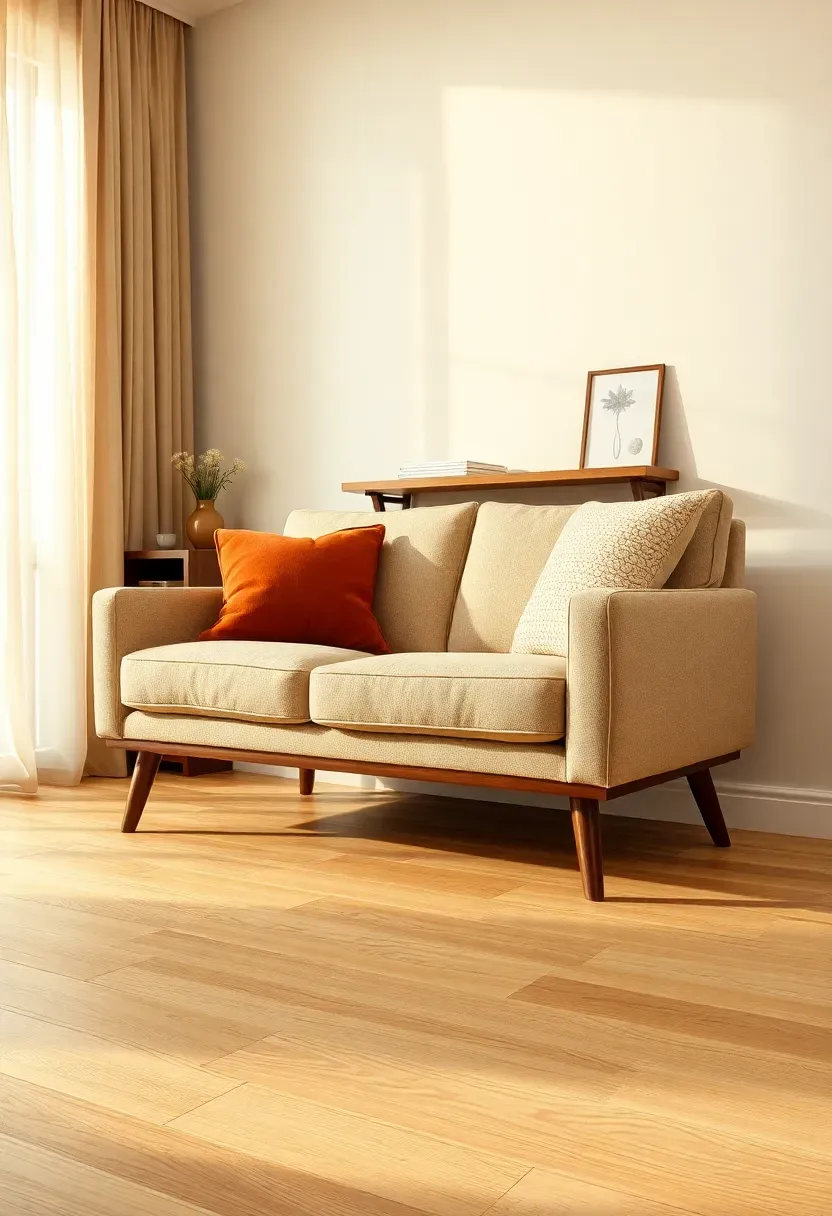 Compact linen two-seater sofa with slim wooden legs in a small living room, placed slightly away from the wall with a narrow console table behind it