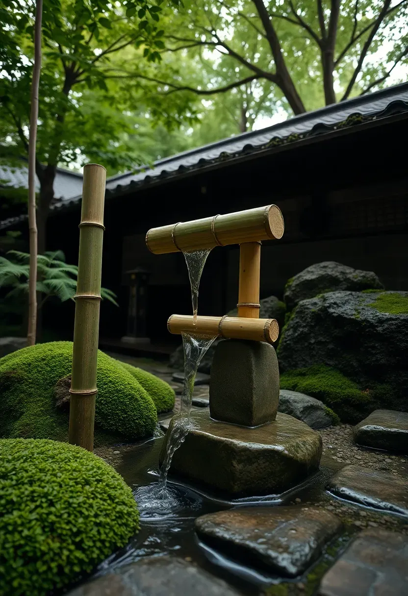 A traditional Japanese shishi-odoshi bamboo water feature in a moss-covered garden with ferns and stepping stones