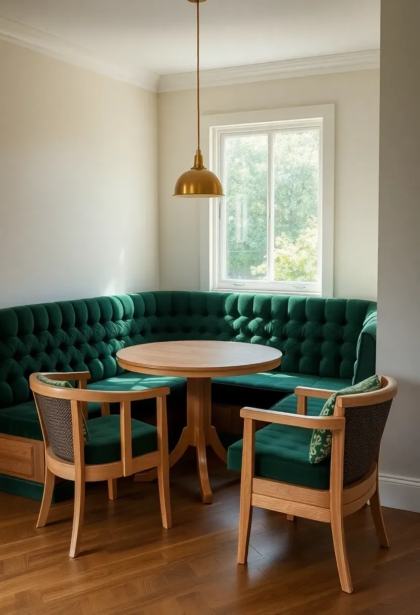 Hyper-realistic 3/4 view of living room corner featuring L-shaped built-in banquette seating upholstered in dark forest green velvet, with round light oak table and two armchairs, cream walls with window above banquette. Materials: forest green velvet upholstery with tufting, light oak table and chair frames, cream wall paint, oak flooring, brass pendant light above table. Natural light from window illuminating green velvet texture creating visible sheen, visible room context showing banquette built into corner with storage beneath. Shallow depth of field with sharp upholstery detail, no text or logos.</p>