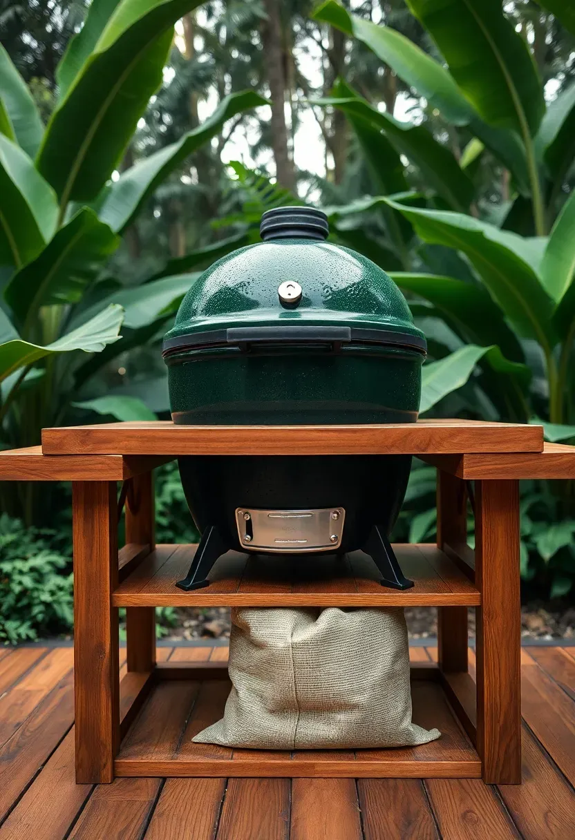 Ceramic kamado grill nestled inside a custom wooden cradle table with teak surface, lower charcoal storage shelf, and lush garden backdrop