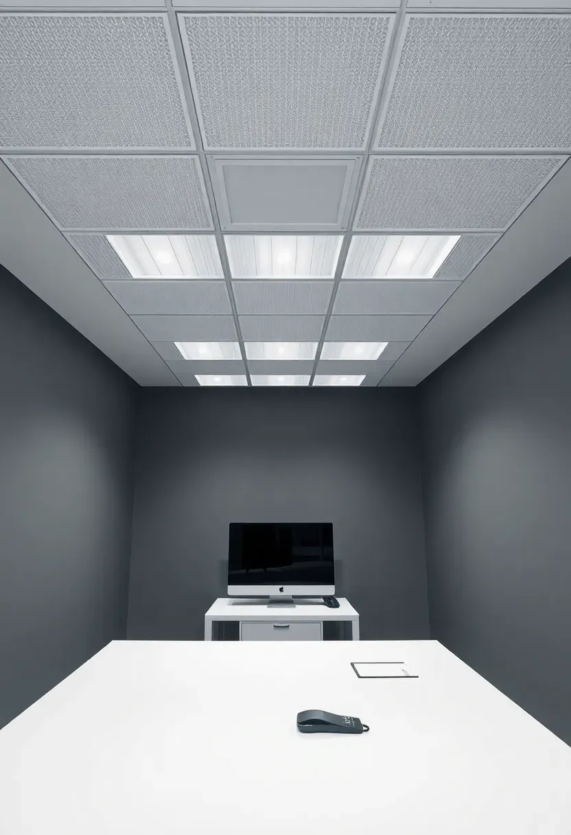 Basement office with modern drop ceiling containing recessed LED panels, gray walls, and a streamlined desk setup