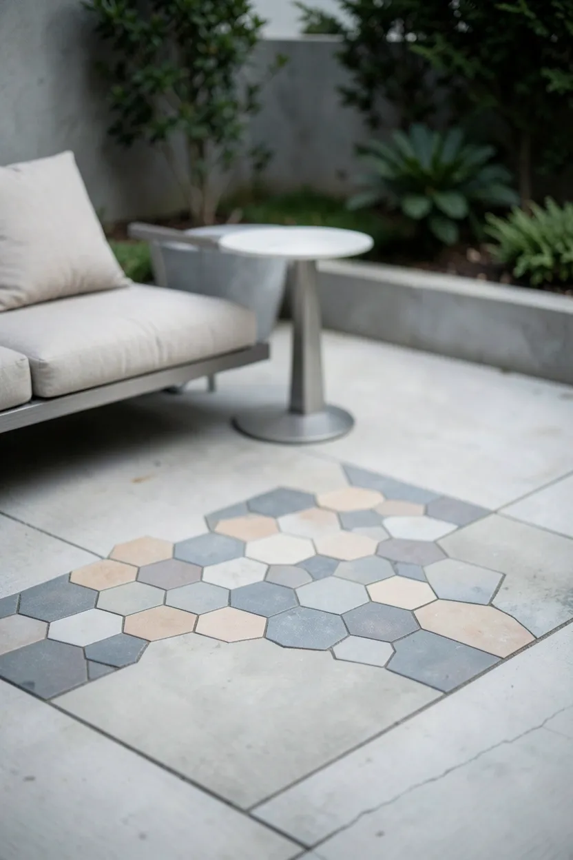 Concrete Patio with Geometric Tile Inlay