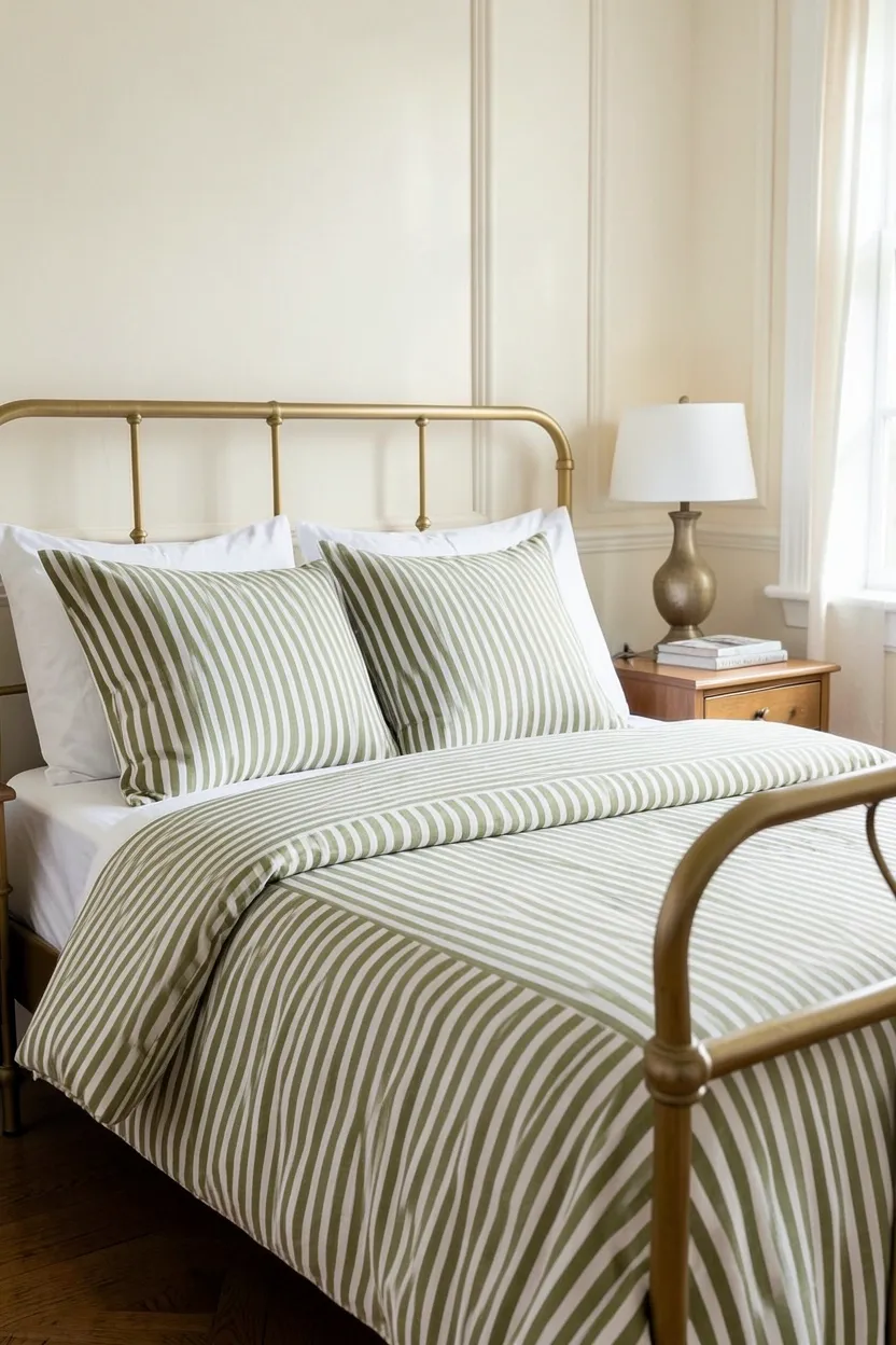 Olive green velvet accent armchair with wooden legs beside a bedroom window, cozy reading nook with floor lamp in a small apartment