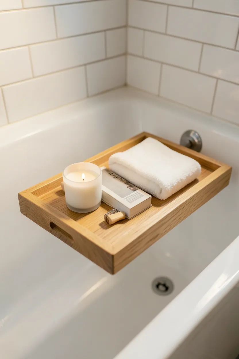 Navy blue ceramic planters with pothos and fern on a bathroom shelf — calming blue and green decor for a rental bathroom