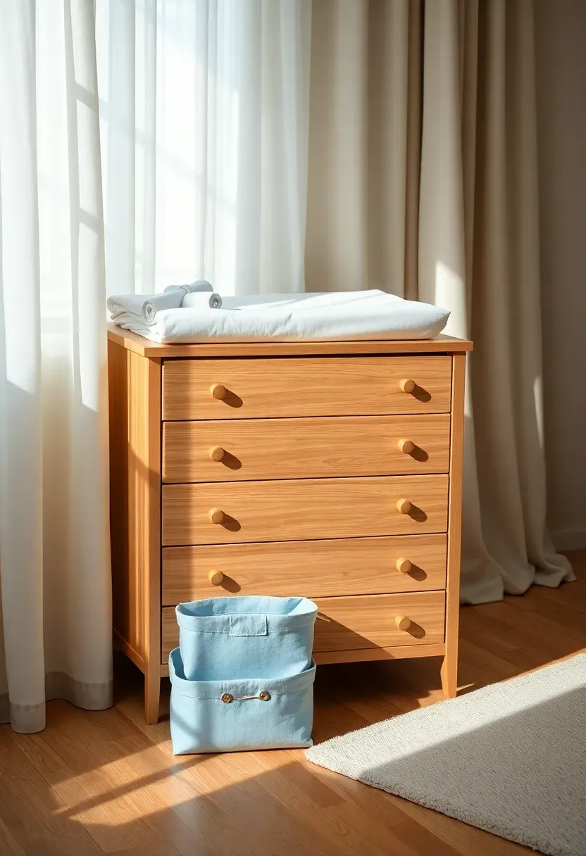 dresser used as changing table with removable topper in small boy nursery with natural wood finish