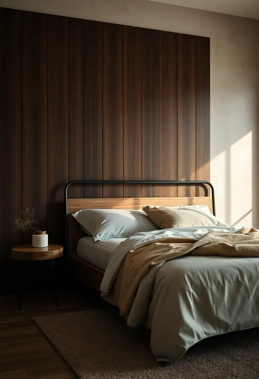 Dark wood wall panel that frames the headboard