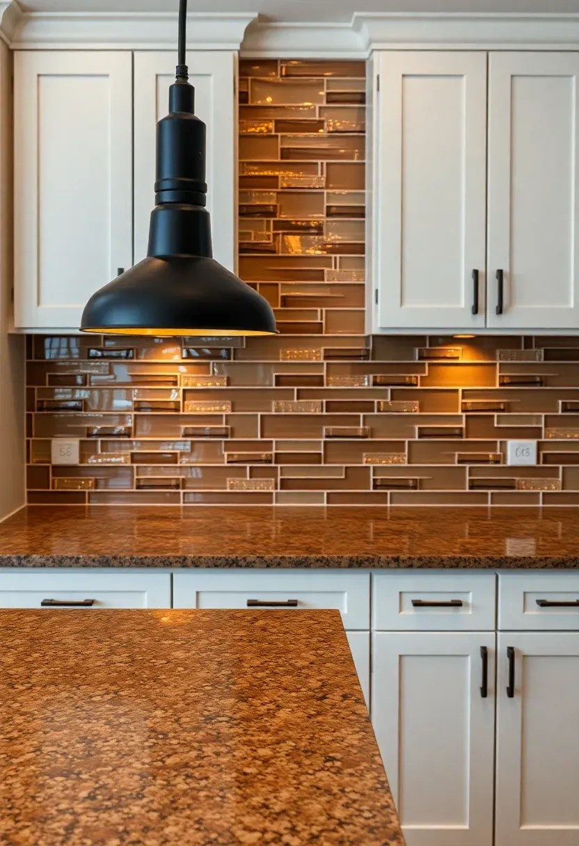 linear glass tile backsplash in taupe tones with white cabinets and brown granite countertops under pendant lights