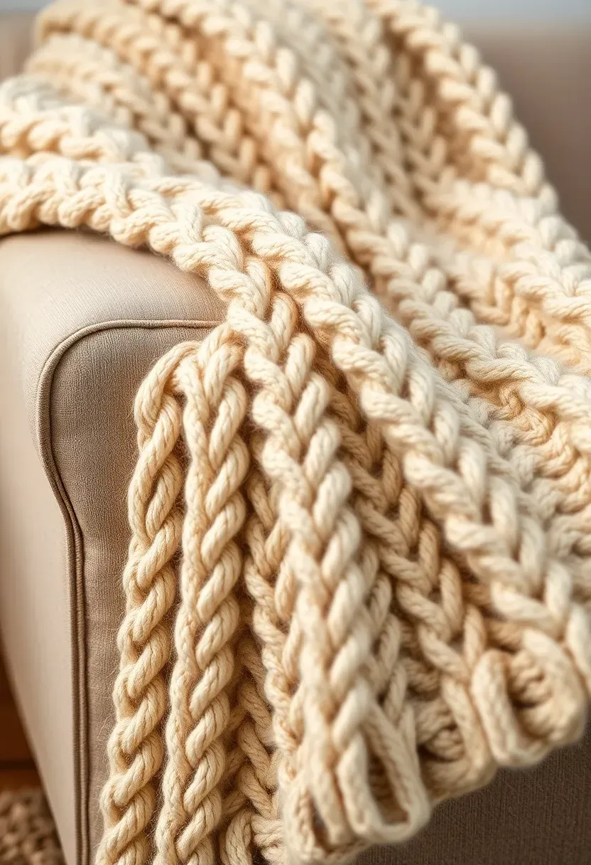 Hyper-realistic close-up view of oversized chunky knit throw in natural cream wool draped over beige Scandinavian sofa arm. Visible cable knit stitch pattern with substantial texture. Soft fibers catching light. Materials: natural wool with visible twist and ply, chunky knitted texture. Warm ambient side lighting emphasizing knit depth and fiber quality. Cozy hygge texture mood. Shallow depth of field focused on stitch pattern and wool fiber detail. No text, no logos, no watermarks.</p>