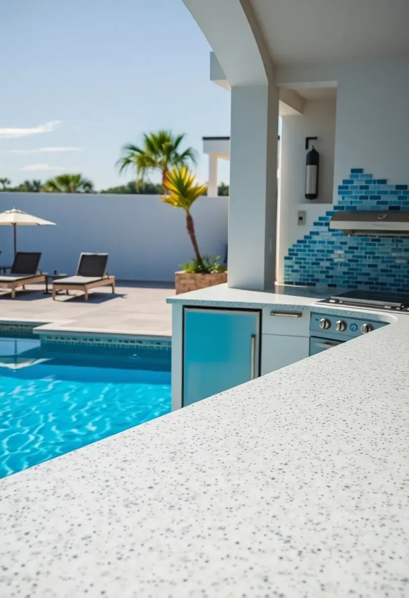 Hyper-realistic 3/4 view of a poolside outdoor kitchen with textured quartz countertop, built-in gas grill, undercounter refrigerator, and raised bar with four stools, all facing a swimming pool with blue water. Materials: textured quartz countertop, stainless steel appliances, blue glass tile backsplash, woven resin barstools. Bright reflected sunlight from pool water, cool blue and white color palette. Resort-style mood, shallow depth of field with sharp focus on countertop details, pool water and lounge chairs visible in background. No text, no logos, no watermarks.</p>