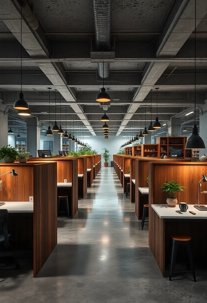 Large open-plan basement workspace with multiple desk zones, divider shelves, pendant lights, and polished concrete floor