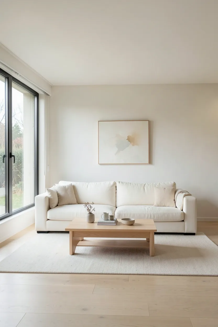 Japandi living room with deliberate negative space — low sofa centered on a large jute rug surrounded by open floor area and a single wall piece