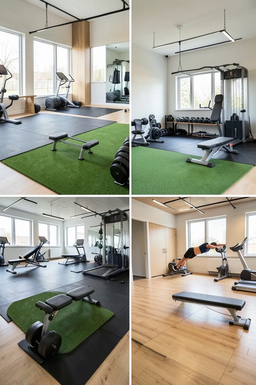 Mixed flooring zones in a home gym showing turf, rubber tiles, and cork sections with transition strips