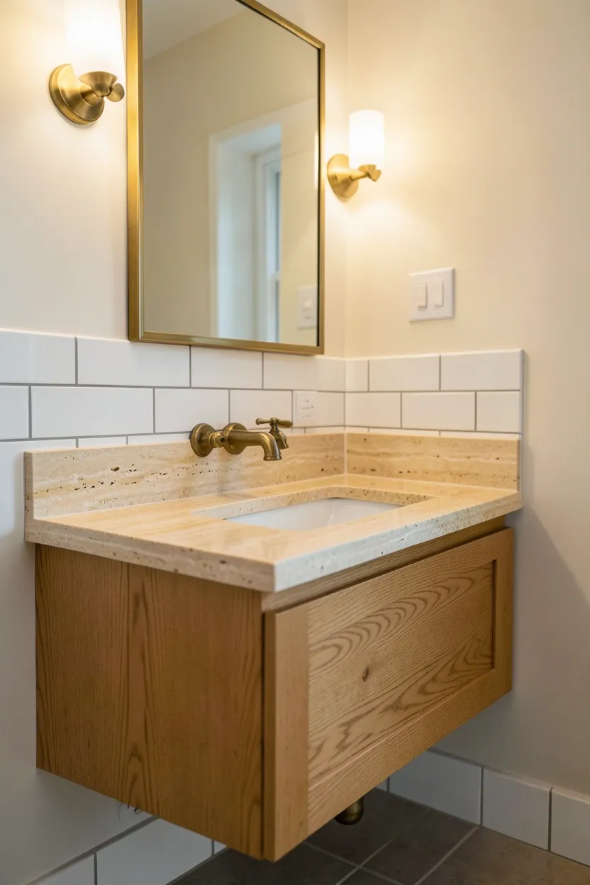 Hyper-realistic 3/4 view of a bathroom with natural wood vanity featuring stone countertop. Light oak wood vanity in warm amber tones with visible grain pattern, floating design with under-mount rectangular sink. Honed travertine stone top with warm cream and gold veining. Wall-mounted brass faucets with warm antique finish. White subway tile backsplash with warm gray grout. Mirror with brass frame above vanity. Soft warm ambient lighting from sconces. Neutral walls in pale cream. No text, no logos, no watermarks.</p>