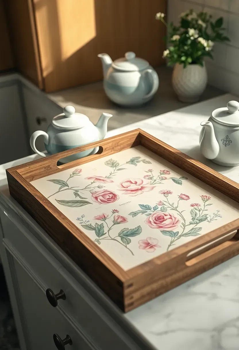 wooden tray decorated with decoupage flower prints and a matte finish