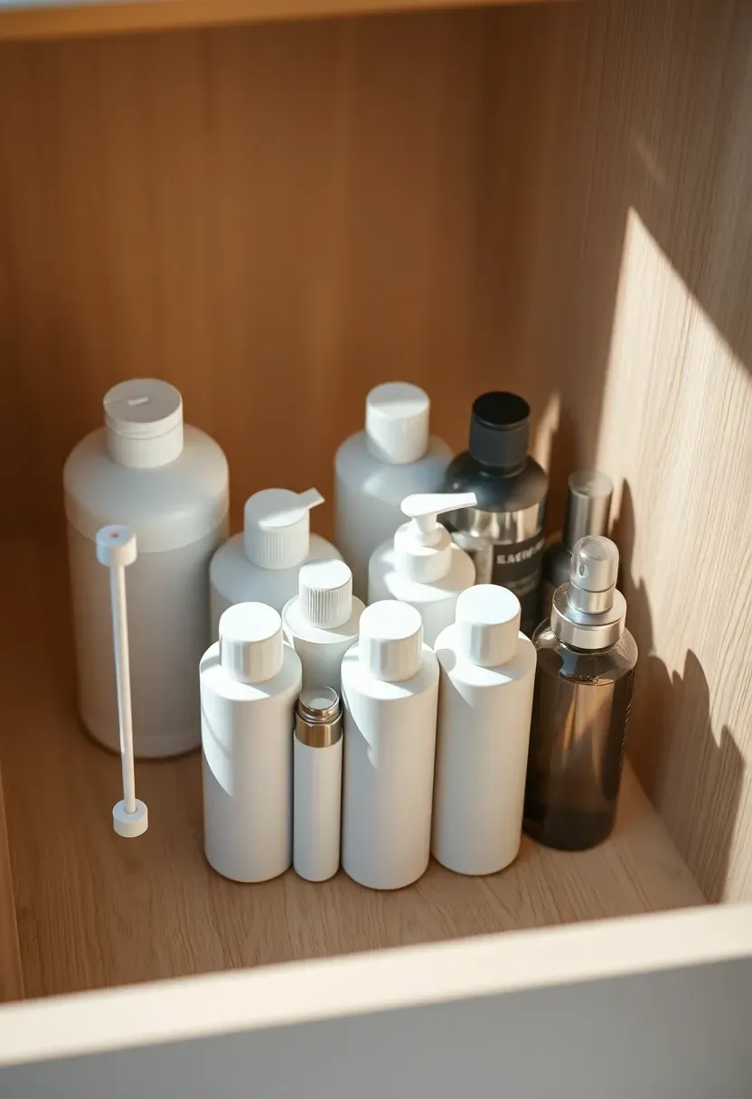 Tension rods installed across the width of a bathroom drawer creating vertical dividers between product groups