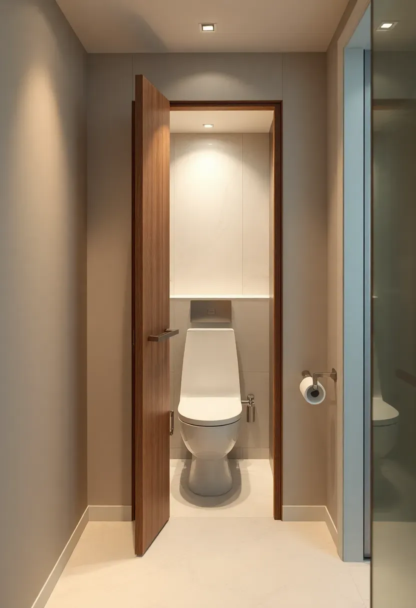 Separate water closet with a sleek pocket door concealing the toilet from the main modern luxury bathroom area for added privacy