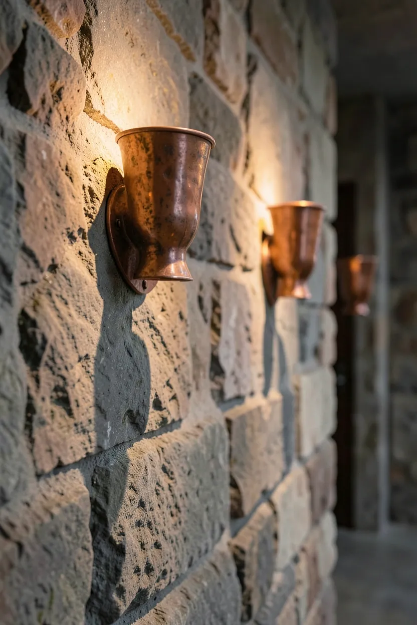 Aged copper wall sconce casting warm ambient light in a serene wabi sabi bedroom with natural patina