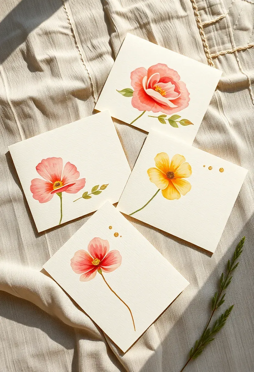 watercolor floral greeting cards in pink and yellow with gold leaf accents arranged on a linen surface