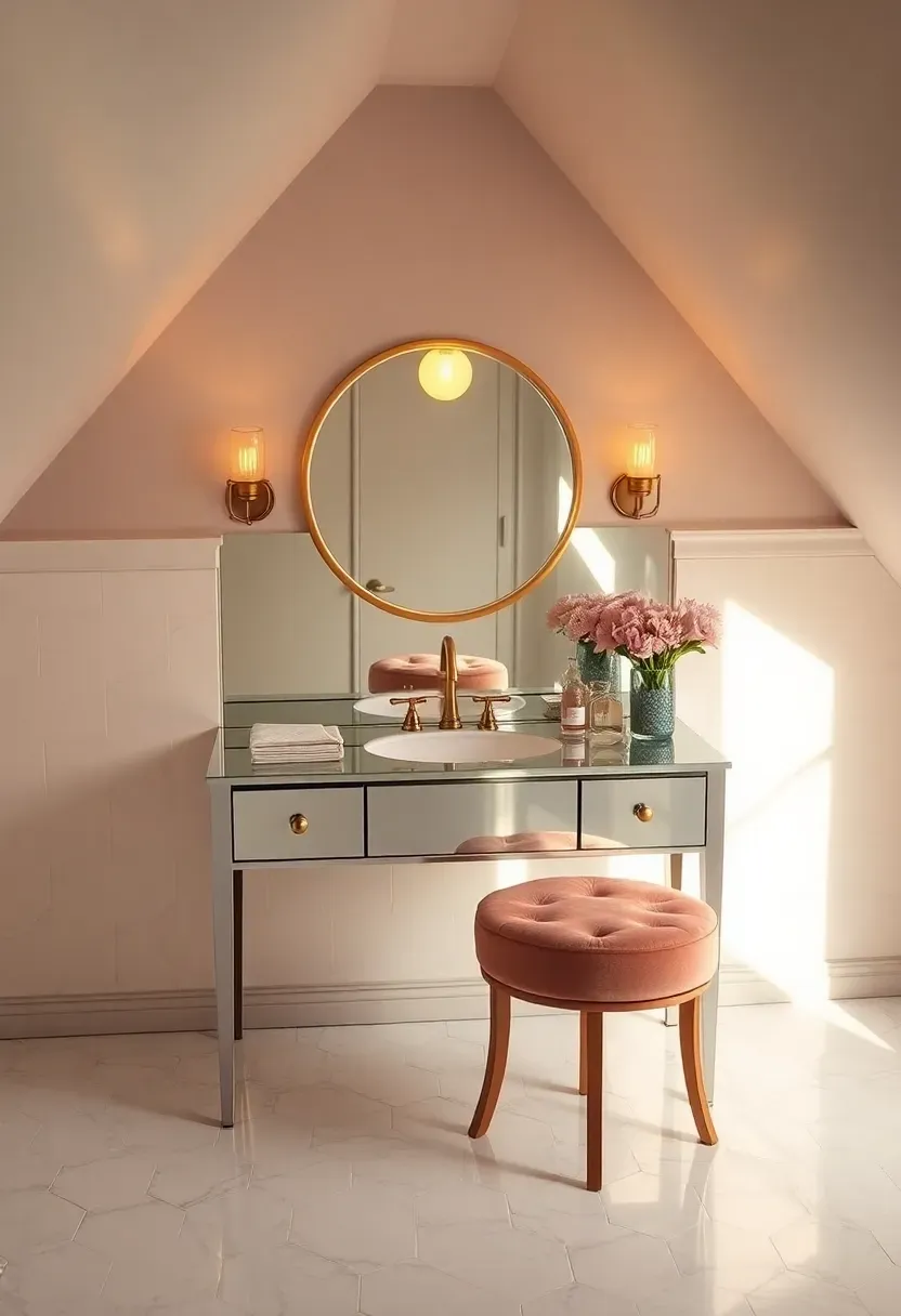 Vintage Hollywood Regency attic bathroom with mirrored vanity table built into a dormer recess, Hollywood bulb mirror surround, blush velvet accent stool, and Carrara marble hex floor