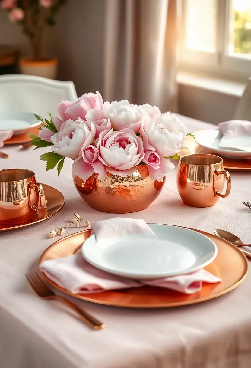 blush pink and copper Easter table setting with rose gold accents and peony centerpiece